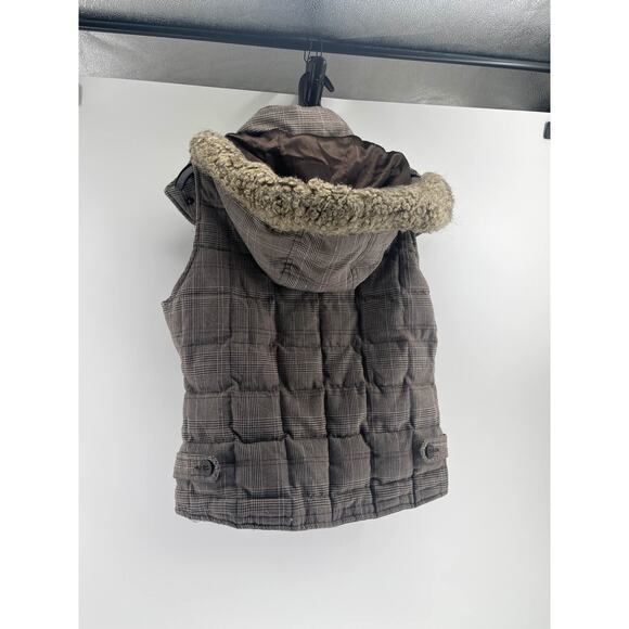 Aeropostale Womens Brown Plaid Puffer Vest Faux Fur Hood L - Picture 2 of 3